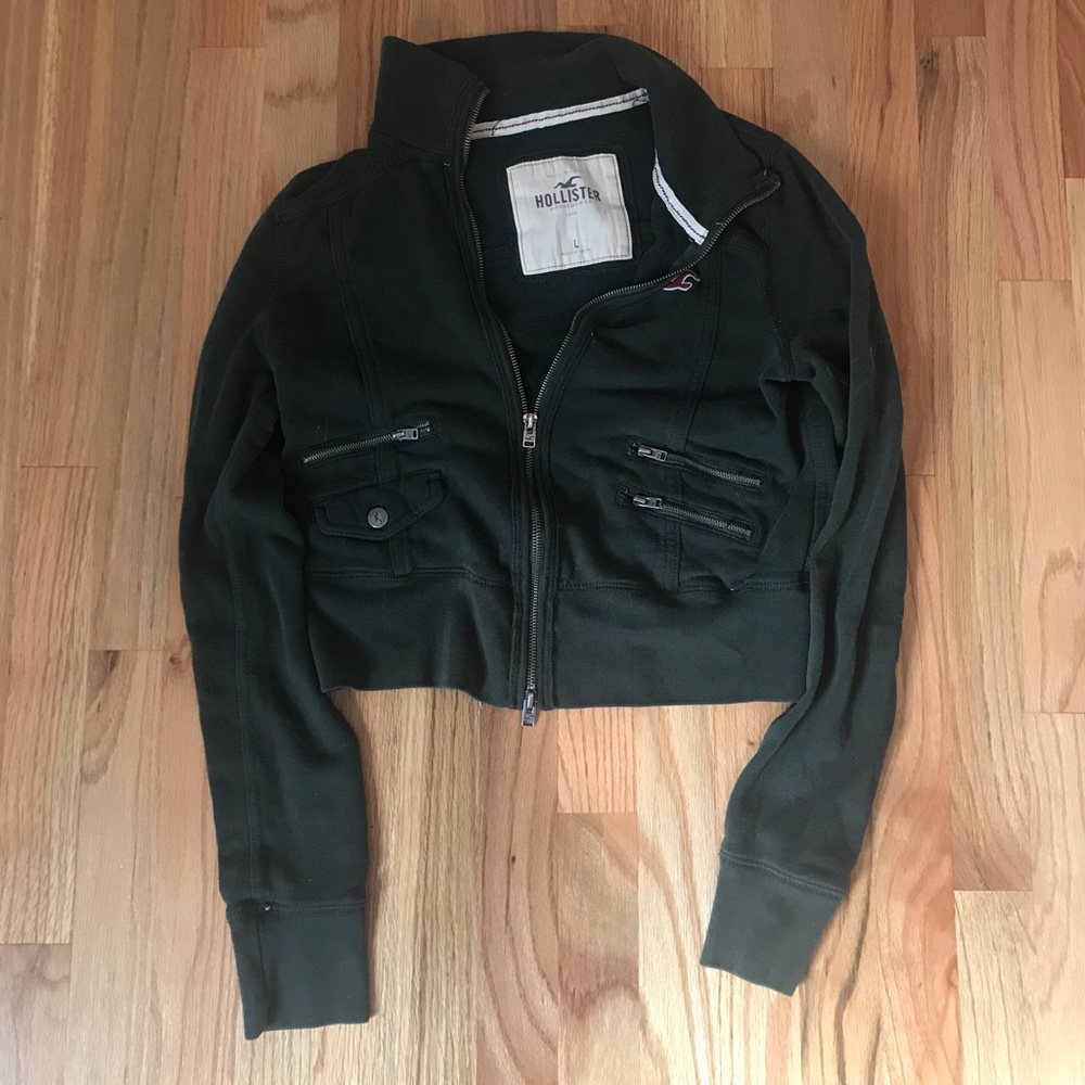 Green Hollister crop zip up sweatshirt